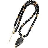 ElisaJewelryArt - Natural Obsidian Arrow Head Pendant Black Onyx Stone Beaded Necklace Genuine Gemstone Protection Stone Clasp Closure Necklace Unisex Necklace