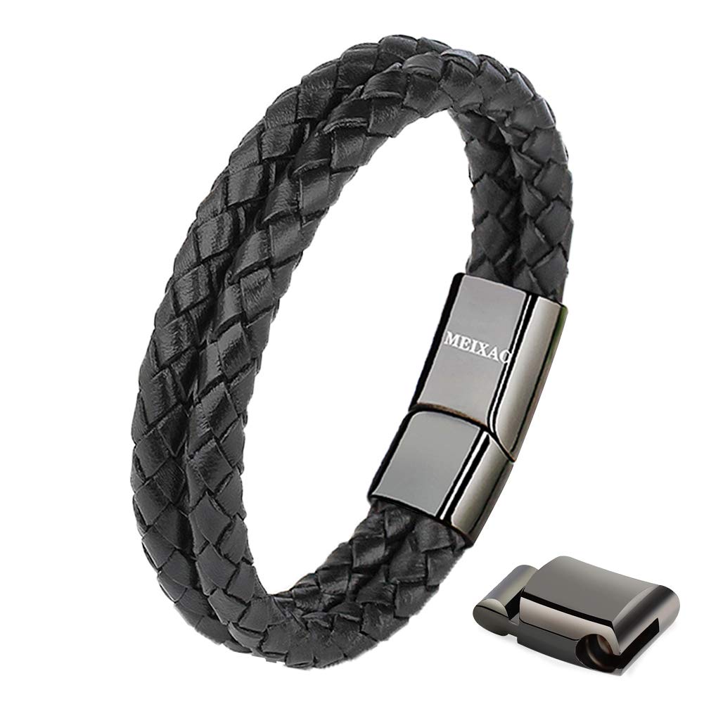 Meixao Bracelet for Men Cowhide Genuine Leather Polished Adjustable Stainless Steel Magnetic Closure (Black, 18)