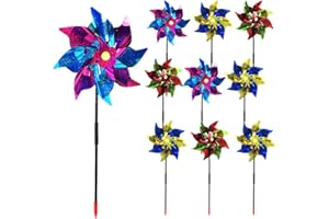 10 Pack Garden Pinwheels with Plastic Stakes, 20 inch Sparkle Pin Wheel Set to Scare Off Birds and Animals Away, Great Pinwhe