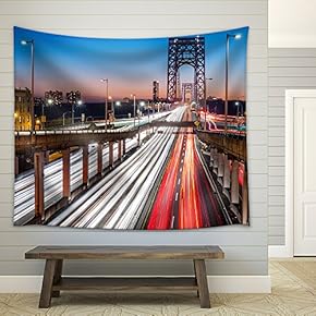 Rush Hour Traffic with Light Trails on George Washington Bridge, in New York City - Fabric Wall Tapestry Home Decor - 51x60 inches