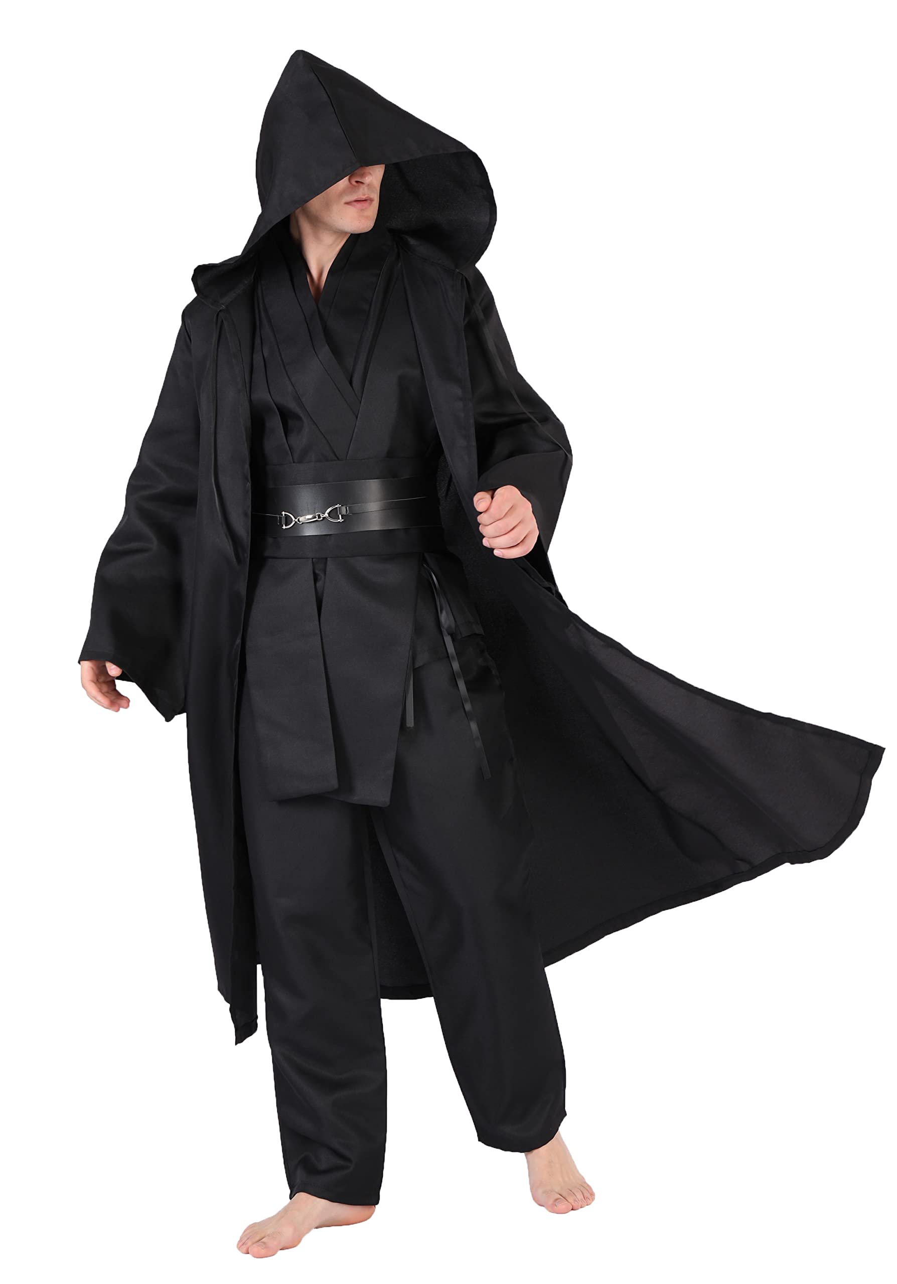 SINSEN Adult Jedi Costume 4PCS SW Obi Wan Hooded Robe Cloak Kenobi Top Pant Belt Cosplay Uniform Set for Halloween Party Men Black (XX-Large)