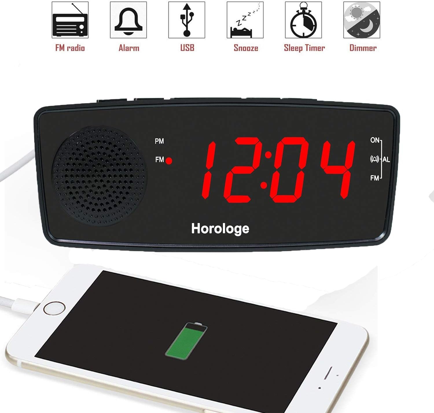Digital LED USB Alarm Clock Radio with FM Radio, Dual USB Chargers, Large 1.2” Display, Snooze, Sleep Timer, Dimmer and Battery Backup for bedrooms