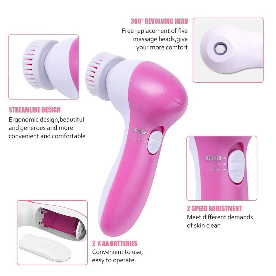 【 Newest 2020 】Gackoko Facial Cleansing Brush-Waterproof Face Spin Brush Set with 5 Brush Heads，Gentle Exfoliating and Removing Blackhead，Deep Cleansing face (PINK): Beauty