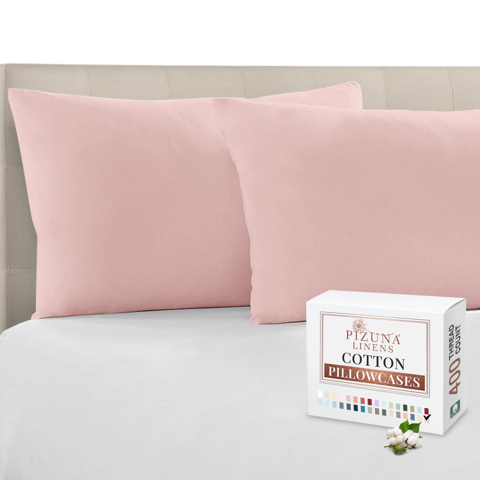 Pizuna 100% Cotton Housewife Pillowcases 2 Pack Light Pink 48x74cm, 400 Thread Count Long Staple Combed Cotton Pillow Cover, Sateen Weave Standard Housewife Pillowcase (Cotton Pillowcase Pack of 2)
