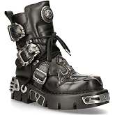 New Rock Men's 407-S1 Silver Cross Buckle Ankle BOOTS Black Leather Gothic Punk Biker Fashion Shoes