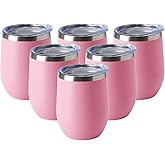 HASLE OUTFITTERS 12oz Wine Tumbler with Lid Stemless Wine Glasses Double Wall Vacuum Travel Mugs stainless steel Coffee Cup for Cold & Hot Drinks Wine Coffee Cocktails Beer 6 Pack Pink