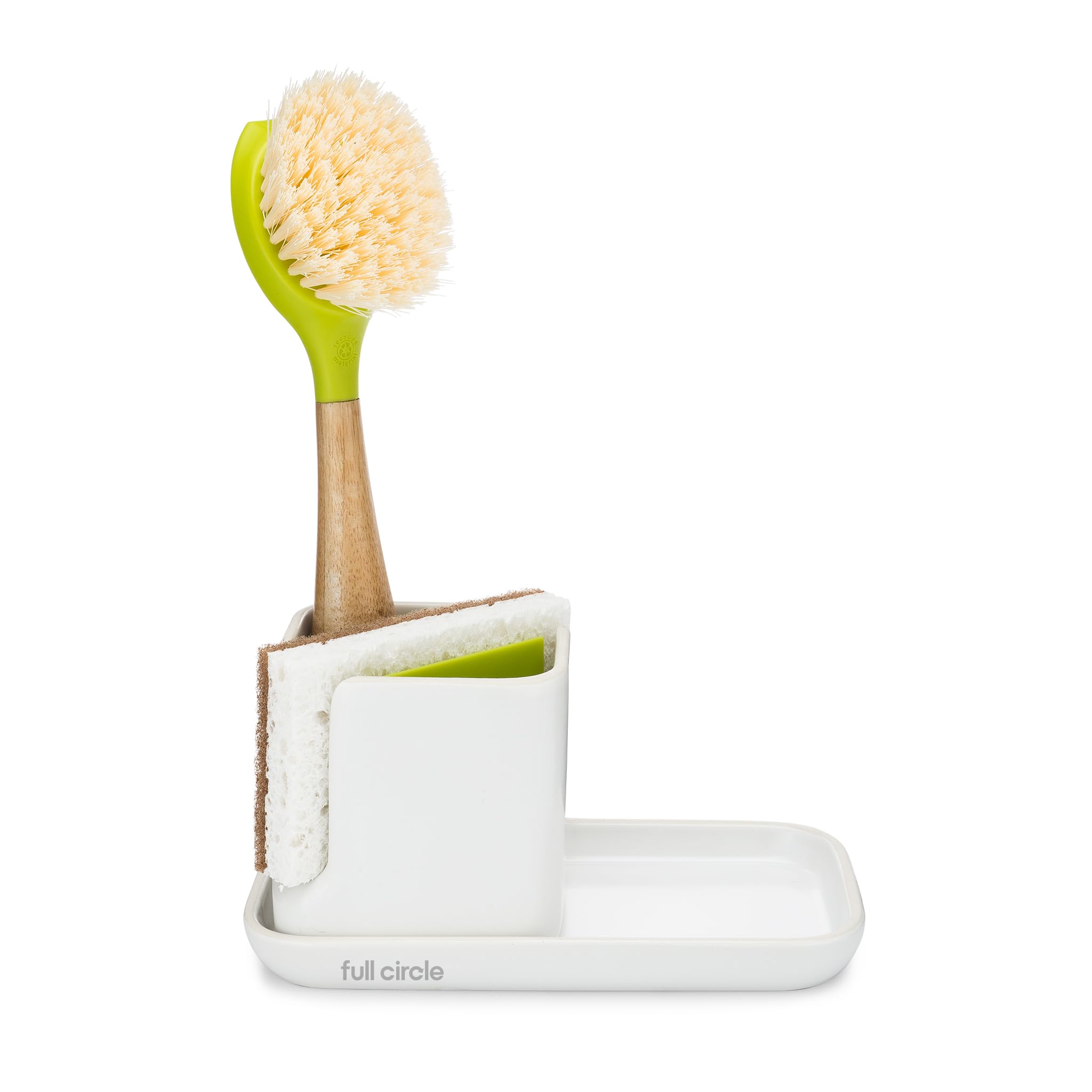 Full Circle Stash, Ceramic Kitchen Sink Caddy, Stylish Modular Sponge Holder & Dish Brush Organizer, Green and White, 11