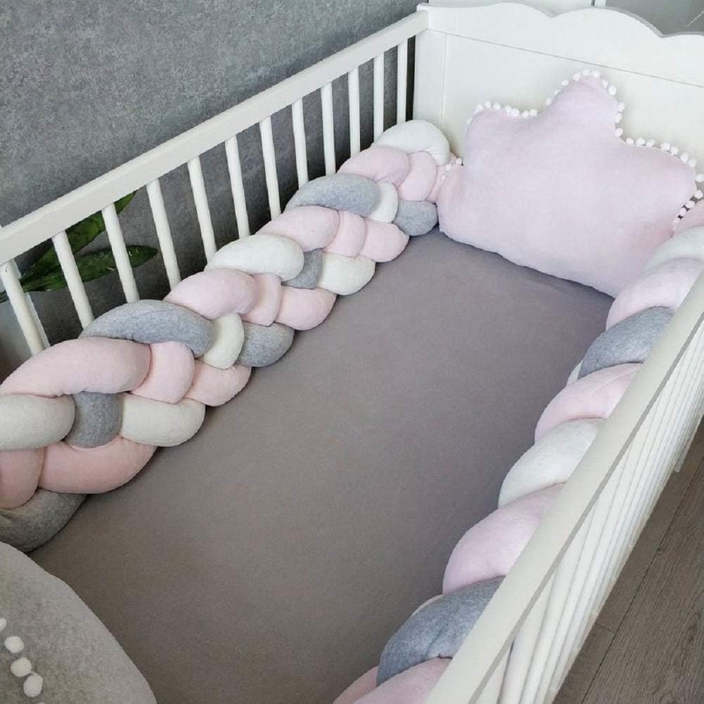 Baby Crib Bumper Plush Knotted Braided Bumper Handmade Soft Knot Pillow Sleep Safety Nursery Cradle Decor Newborn Gift Crib Protector (4 Strands) Gray+White+Pink 137 inch