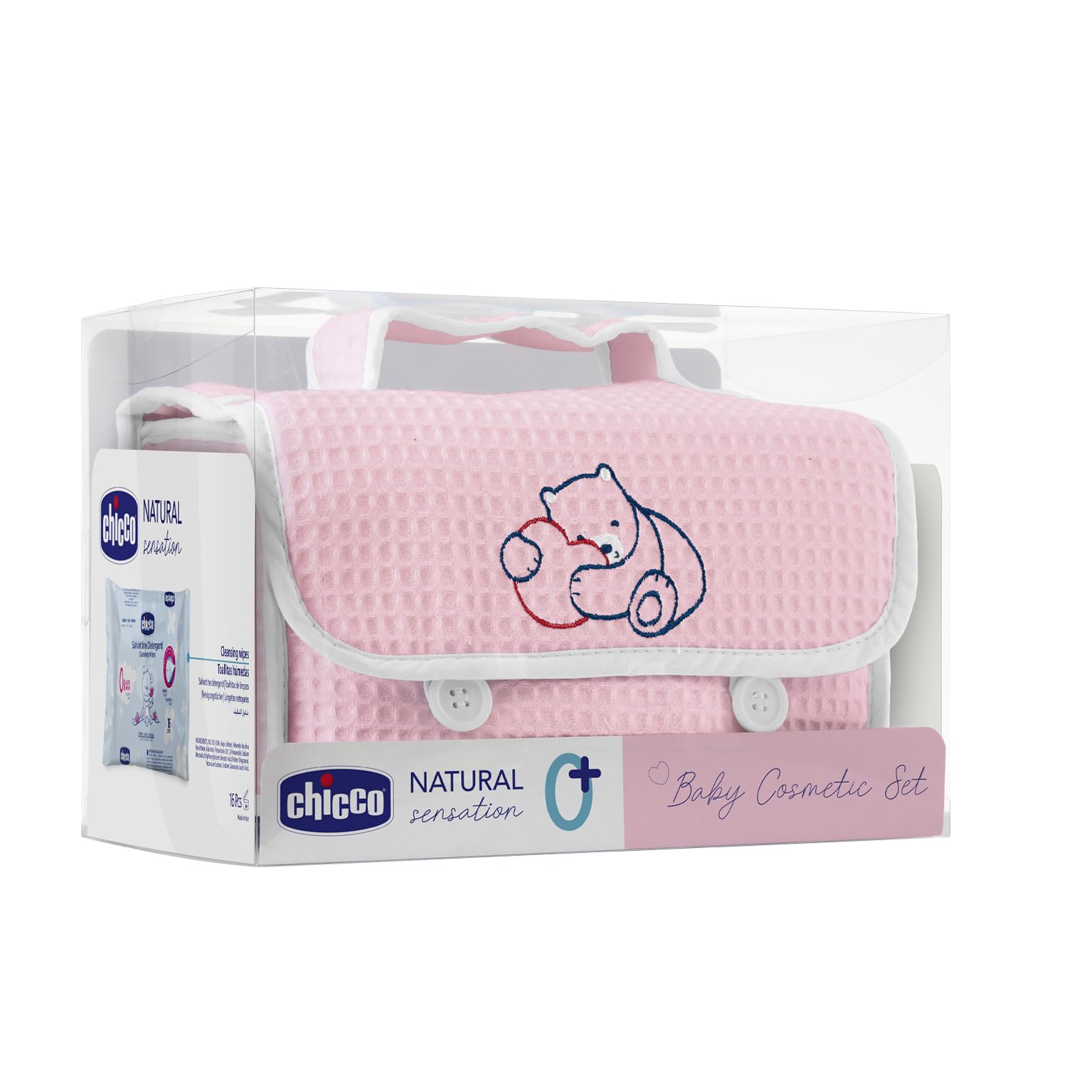 CHICCO Natural Sensation - Pink Toiletry Bag Contains 1 Shampoo & Body Bath - Without Tears 200 ml, 1 Body Lotion 150 ml, 1 Wrap Cream 4-in-1 100 ml, 1 Cleaning Cloth 16 Pieces