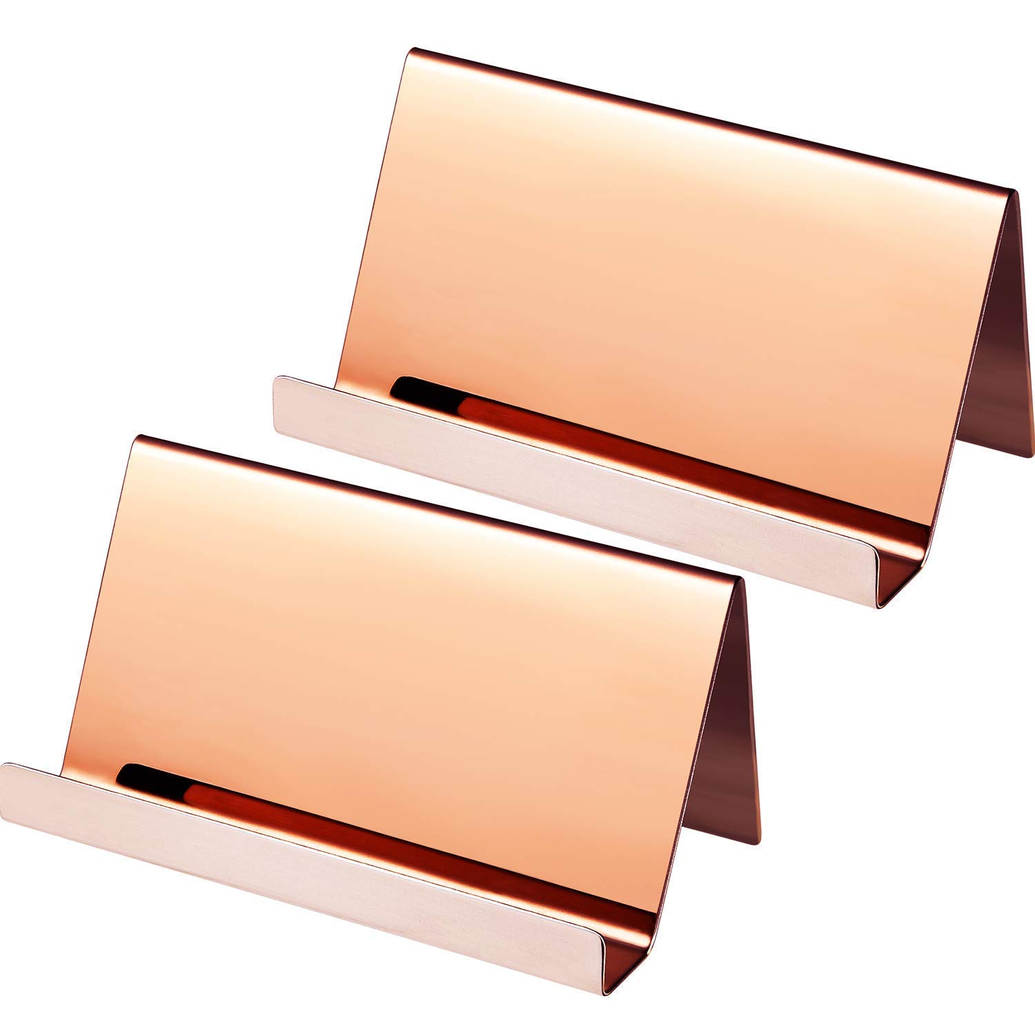 2 Pack Stainless Steel Business Cards Holders Desktop Card Display Business Card Rack Organizer (Rose Gold)