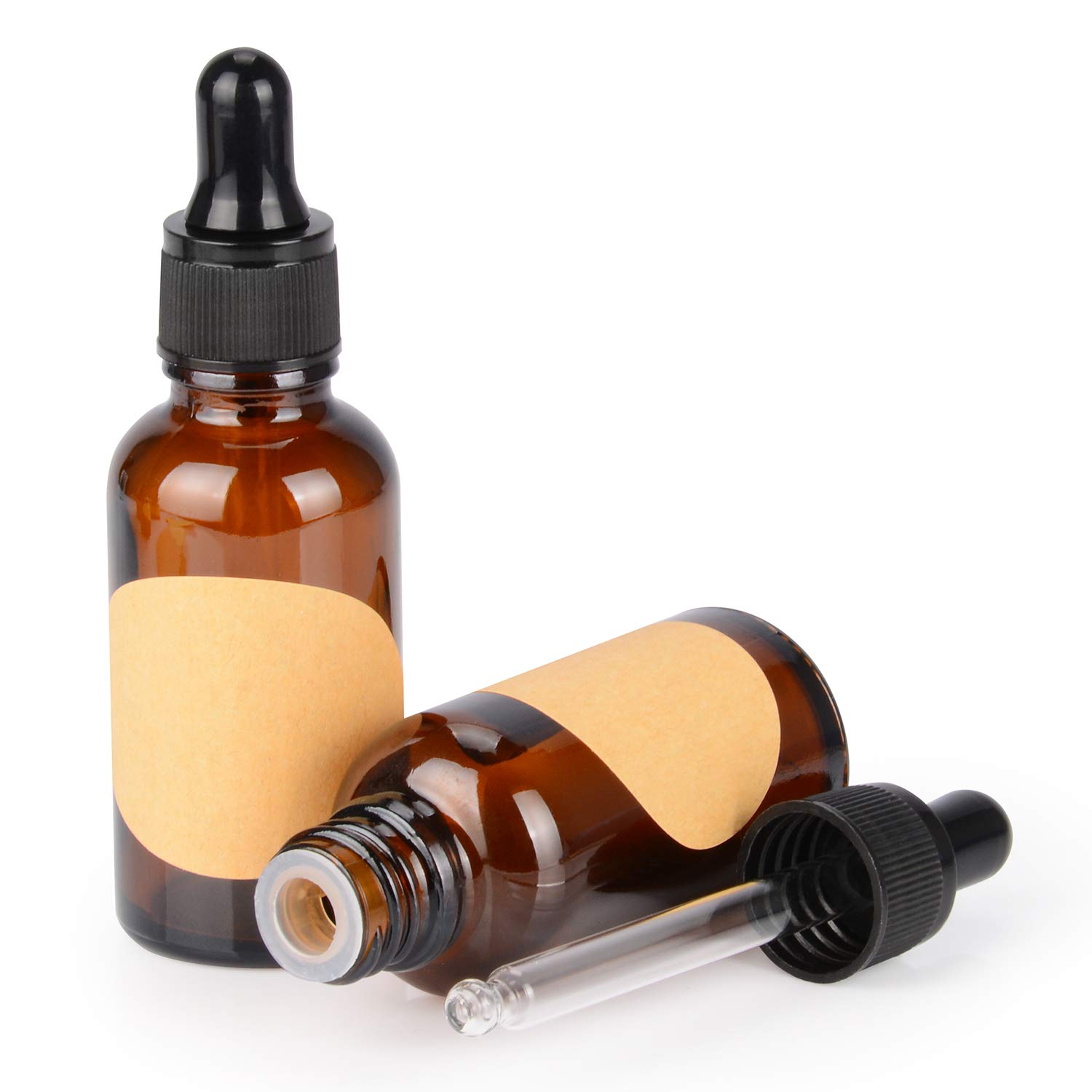 stonylab 30 ml 2-Pack Glass Dropper Bottle, Brown Empty Bottle with Glass Dropper, Inner Plug and Label for Laboratory Solutions