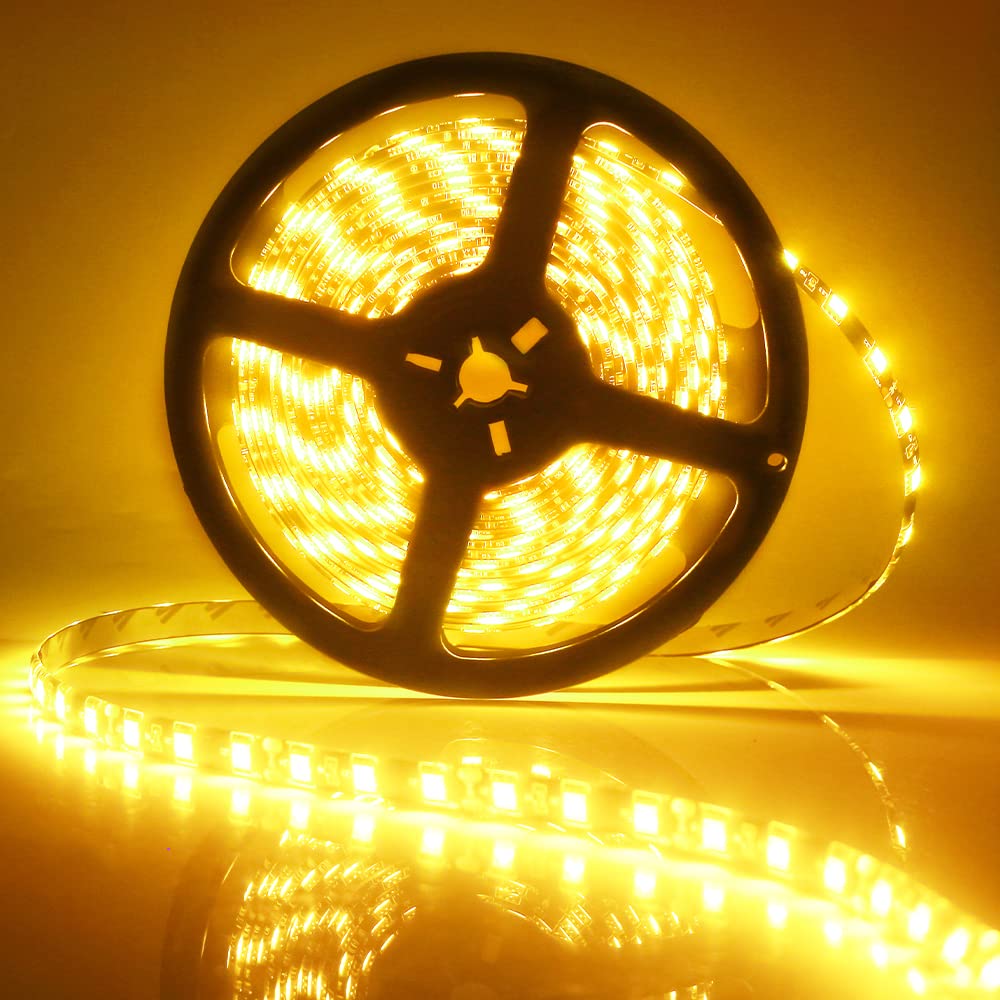 Yellow LED Strips Lights 16ft/5M 300 LEDs 12V Flexible Waterproof LED Light Strips 12v Neon LED Strip Cuttable LED Strips Lights for Bedroom, Room, Home, Kitchen, Under Cabinet, Bar Party Decor