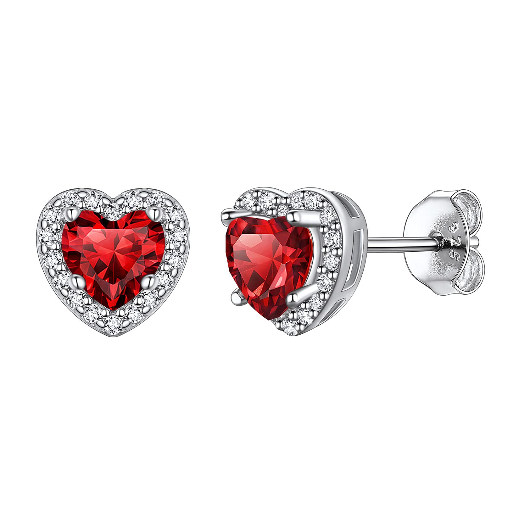 925 Sterling Silver Heart Brilliant Cut Cubic Zirconia CZ Halo Stud Earrings for Women Girls Tiny Cute Comfy Simulated Red Garnet January Birthstone Hypoallergenic Wedding Bridesmaid Earrings