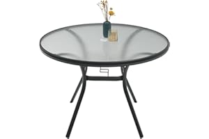 Anmutig Round Outdoor Dining Table for 4 Person, 40 inch Glass Top, Black Powder-Coated Frame with Umbrella Hole Outdoor Furniture