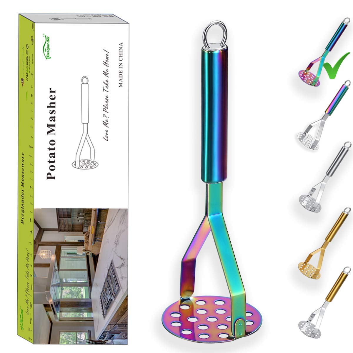 Berglander Potato Masher, Heavy Duty Stainless Steel Rainbow Potato Ricer with Colorful Titanium Plating