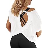 Fisoew Womens Plus Size Open Back Workout Tops Backless Short Sleeve Athletic Shirt Running Crop Top Gym Yoga T-Shirt