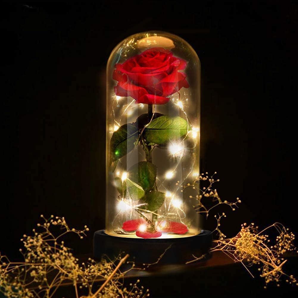 Ruiuzioong Beauty And The Beast Rose Kit, Red Silk Rose and LED Light with Fallen Petals in Glass Dome on a Wooden Base Best Gift for Wedding Anniversary Birthday Valentine's Day (Black)
