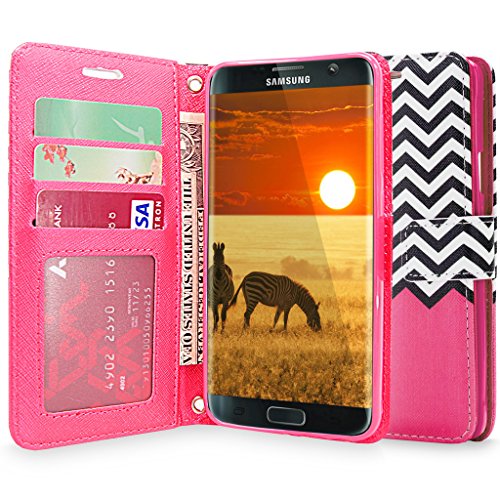 S7 Edge Case, Galaxy S7 Edge Case, Cellularvilla [Zig Zag Pattern] Chevron Design Premium Pu Leather Wallet Case [Stand Feature] Card Slots Flip Cover For Samsung Galaxy S7 Edge (Hot Pink Chevron)