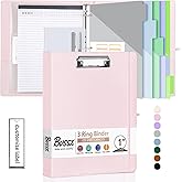 BVSSX 3 Ring Binder with Clipboard,1 Inch Binders with Notepad&5 Dividers with Pockets, Labels,PU Clipboards for School Office(Pink,Letter Size)