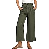 UEU Women's Linen Casual Pants Summer Wide Leg Loose Ruffle High Waist Cropped Drawstring Palazzo Flowy Trousers with Pockets