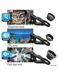 CamKix Deluxe Universal 5 en 1 kit de lente de cámara para Smartphone, Tablet y Portátil Ojo de Pez, 2 en 1 Macro y Gran Angular, CPL y 2 x tele Lens, funda de clip, Universal con mosquetón y gamuza de limpieza Estuche negro