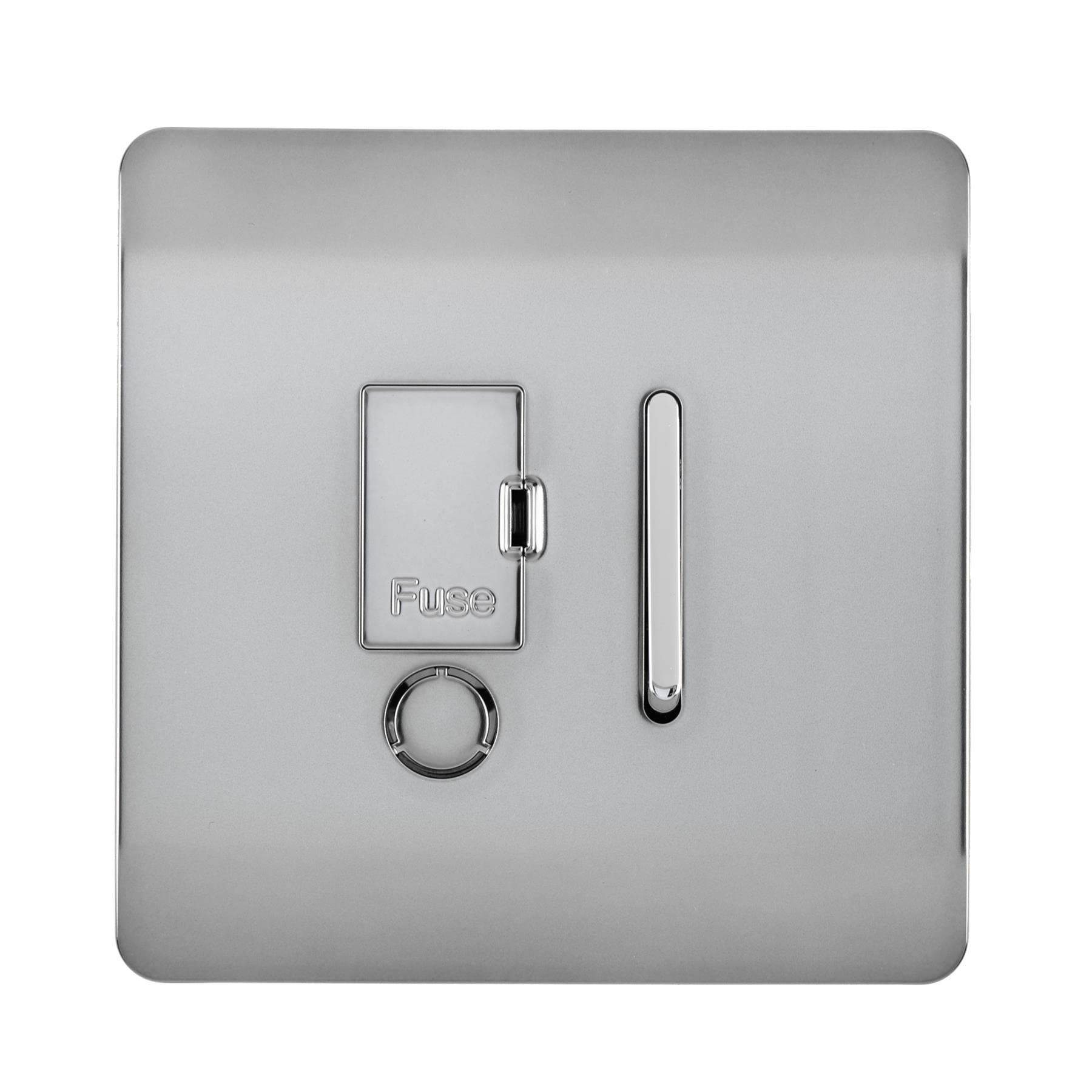 Trendi Switch Screwless Artistic Modern Glossy Tactile 230V Switched 13 A Single Fused Spur Connection Unit w/Flex Outlet Chrome Rocker in Brushed Steel - ART-FSBS