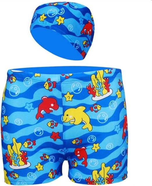 Amazon Co Jp Misoamiso こども服 男の子 水着 キャップ付き ２点セット 魚柄 カラフル 短パン 海パン 保育園 幼稚園 プール スイミング 服 ファッション小物