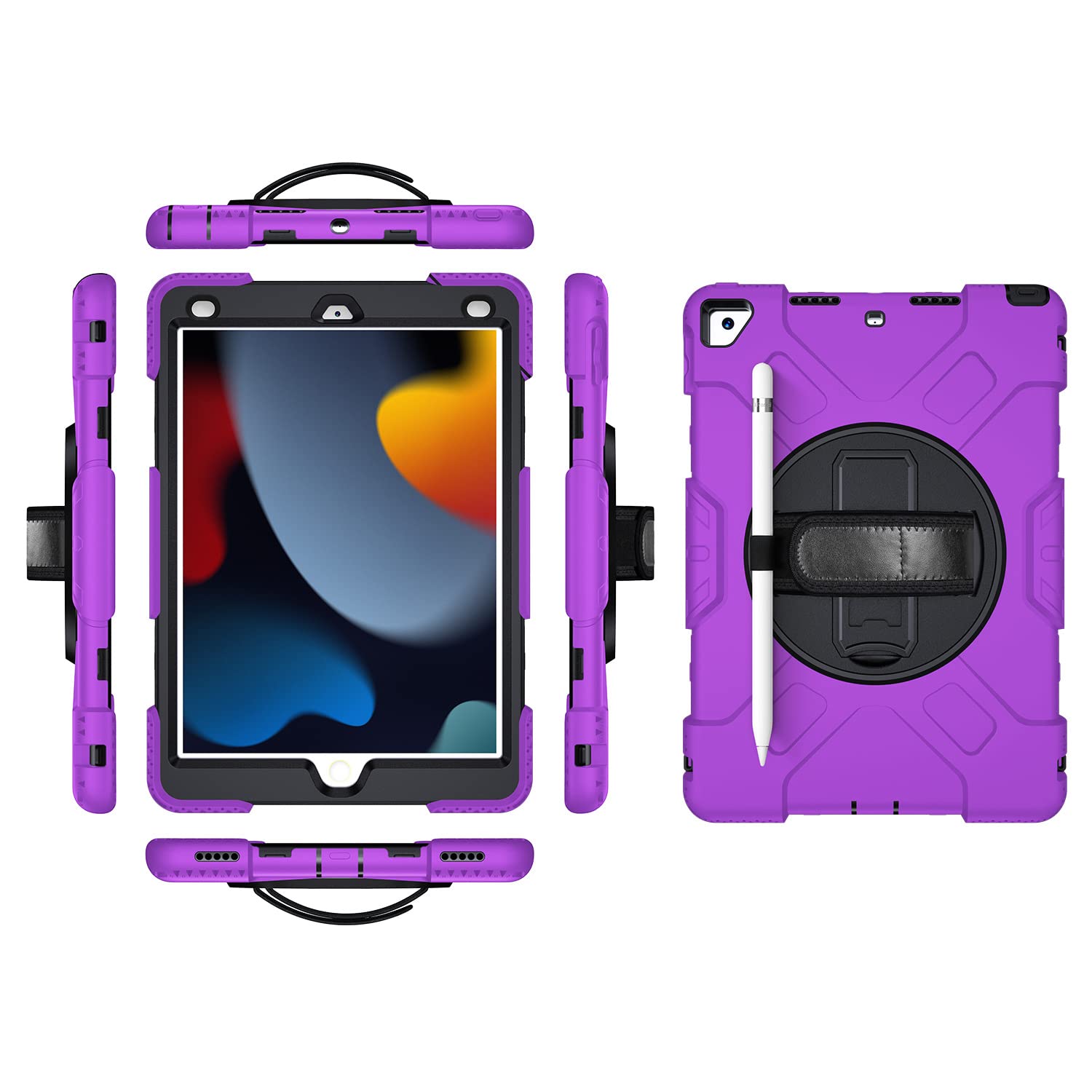 iPad Air4 10.9 2020/air5 10.9 2022 Generation Case with Screen Protector Pencil Holder Kickstand 360 Rotating Hand Strap Hand Strap Kickstand Robust Protective Case (Purple)