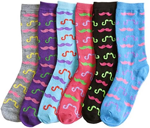 RSG Hosiery Women's &amp; Teens Fun &amp; Funky Crew Socks 6-Pack (Mustaches)