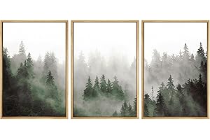 SIGNFORD Misty Forest Framed Wall Art, Green Nature Wall Art, Foggy Pine Landscape Wall Art - 16"x24" x3 Panels