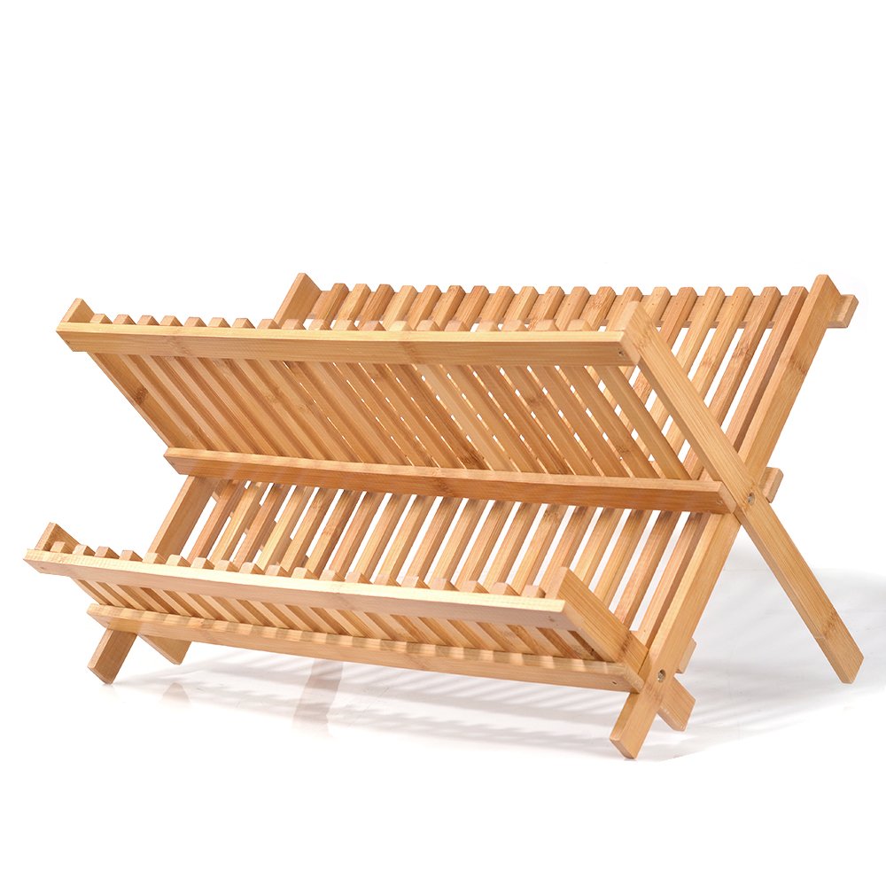 Natural Bamboo Dish Drying Rack, SZUAH Collapsible Dish Plate Drainer Rack, 2-Tier Dish Drying Holder, with 20 Slats, 17.5\