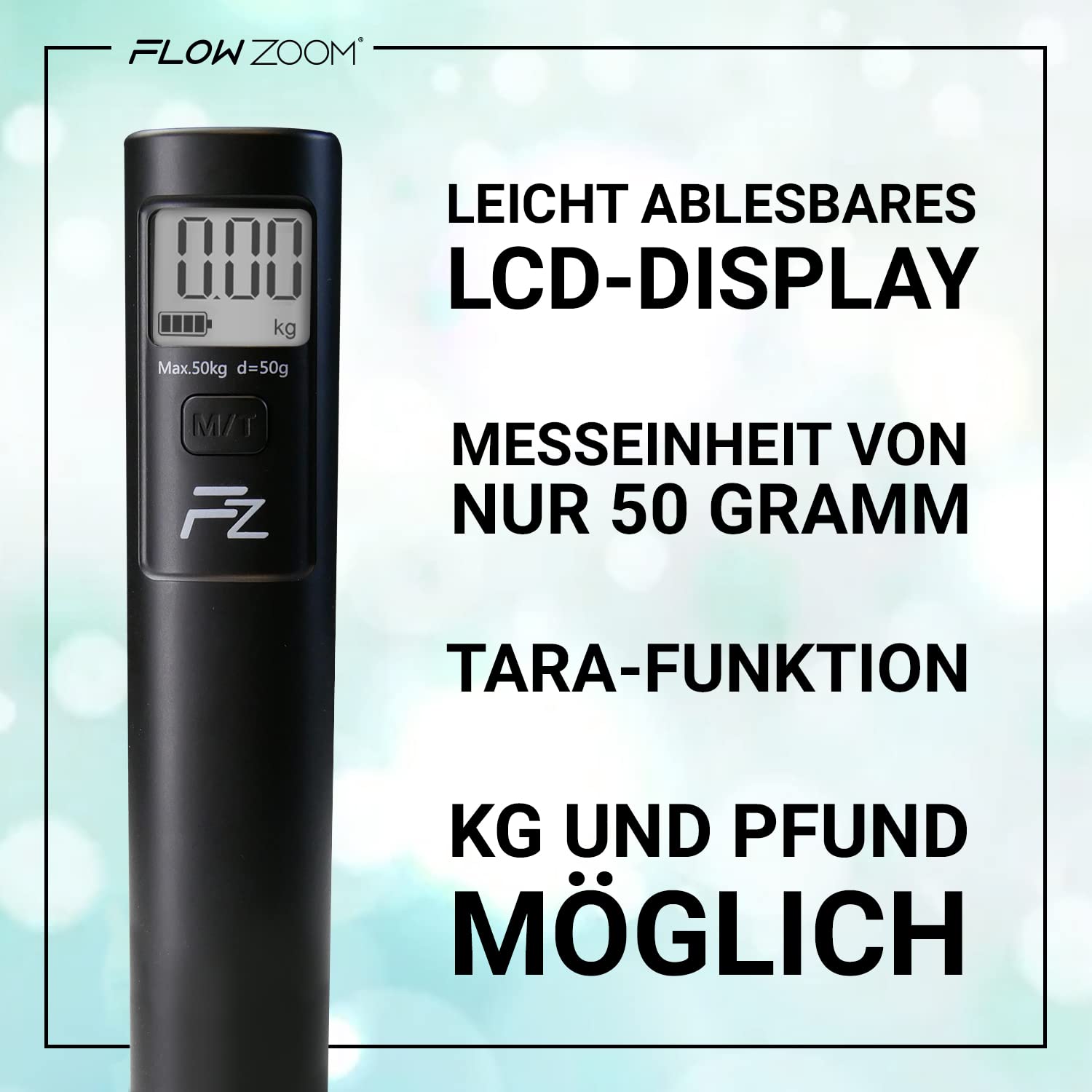 FLOWZOOM Kofferwaage ohne Batterie - Kofferwaage digital mit Haken - Batterielose Gepäckwaage für Koffer - Hängewaage mit Transportbeutel und TARA-Funktion - Luggage Scale - Modell: SHAKEE, schwarz 3