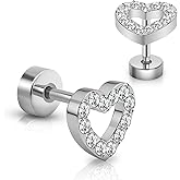 XUU Titanium Flat Back Cartilage Stud Earrings, 20G 8mm Post, Externally Threaded Labret with CZ Crystal gems, Hypoallergenic Tragus, Helix, Lip Studs (1 Pair)