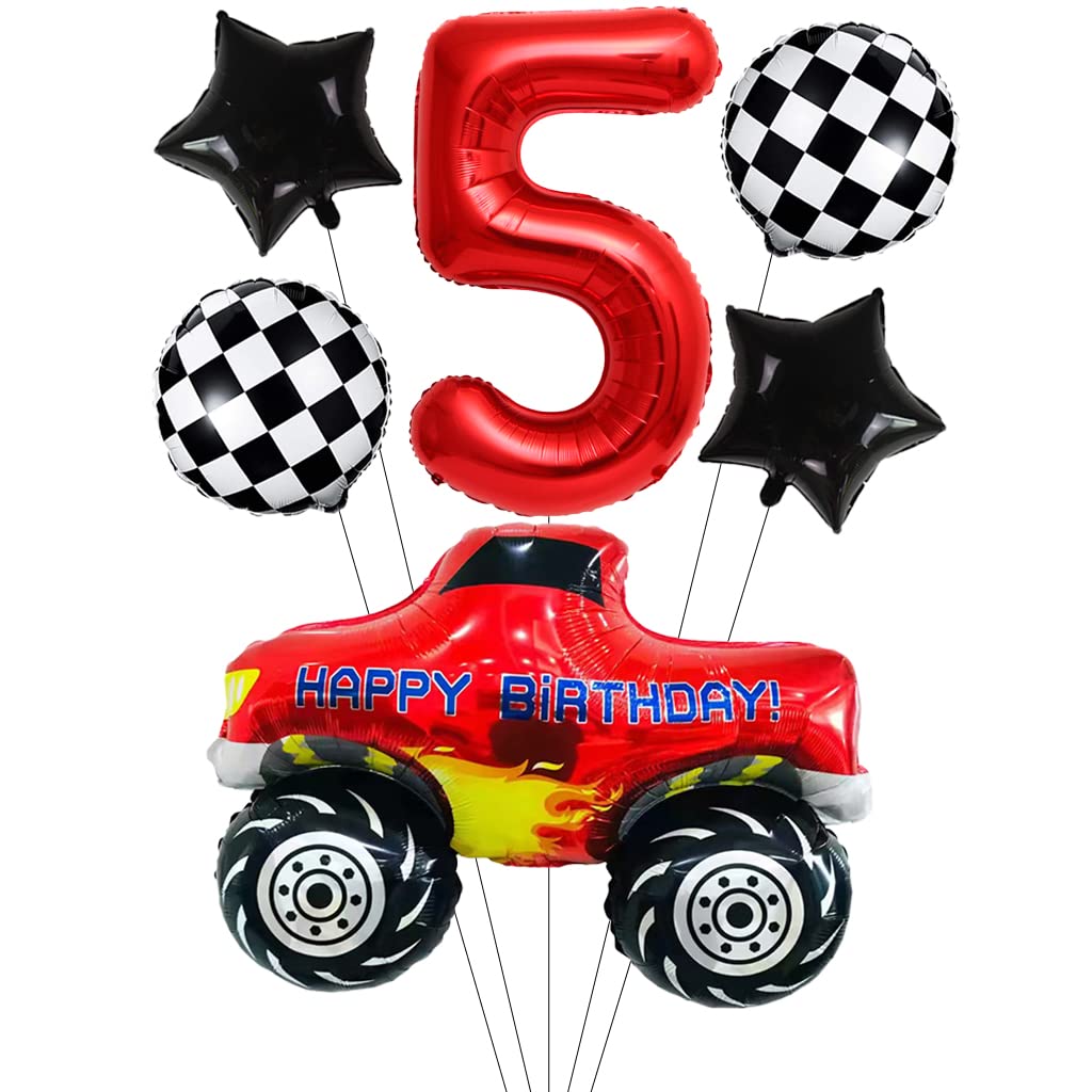 Liitata Car Balloon Giant Race Car 5th Race Truck Birthday Decor Red Number 5 Foil Checkered Flag Star for Boy Theme Party