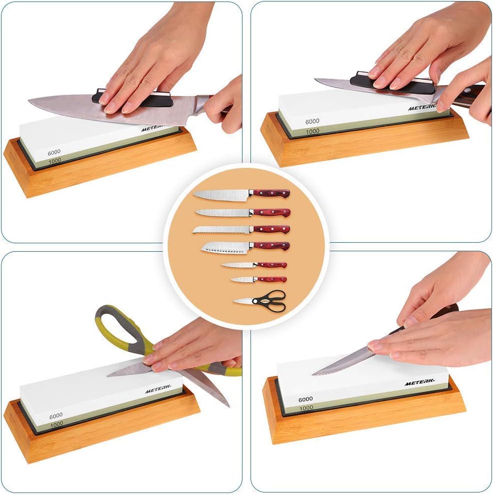 Sharpening Stone, Meterk Premium Whetstone Dual Side Grit 1000/6000 Knife Sharpener Stone with Non-slip Bamboo Base, Flattening Stone & Angle Guide, Sharpening Stone Set for Home & Kitchen: Kitchen & Dining