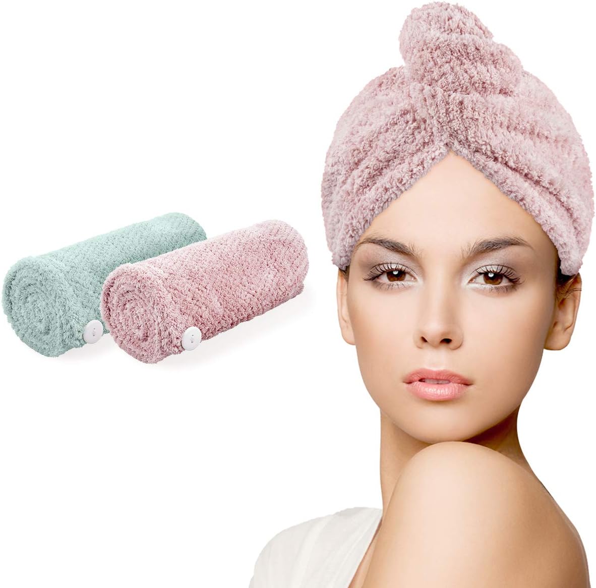 Ceephouge Microfiber Hair Towel Wrap 2 Pack, Magic Instant Dry Hair Towel, Hair Drying Twist Turbans for Women Girls, Anti Frizz Fast Absorbing Hair Dry Towel Turban (Green+Pink): Home & Kitchen