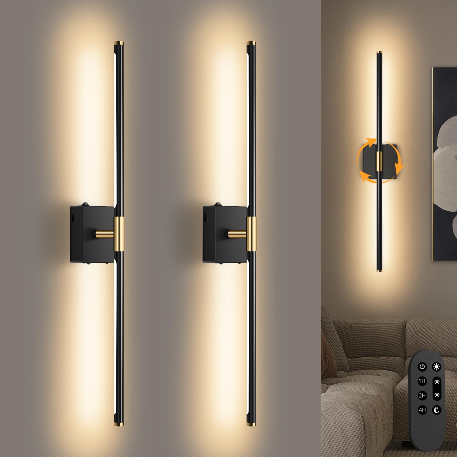 Photo 1 of SAIMAND Wall Sconces Set of 2 Battery Operated, Wireless USB Rechargeable Wall Lights with Remote Control, 360° Rotation, 5200mAh LED Dimmable Picture Lamp for Living Room,Bedroom,Hallway (30in Black)