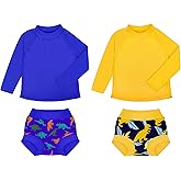 BIG ELEPHANT 2 Pcs Rash Guard Swim Diapers Sets for Unisex Baby, Boys Girls Long Sleeve Swimsuit with UPF 50+ Sun Protection