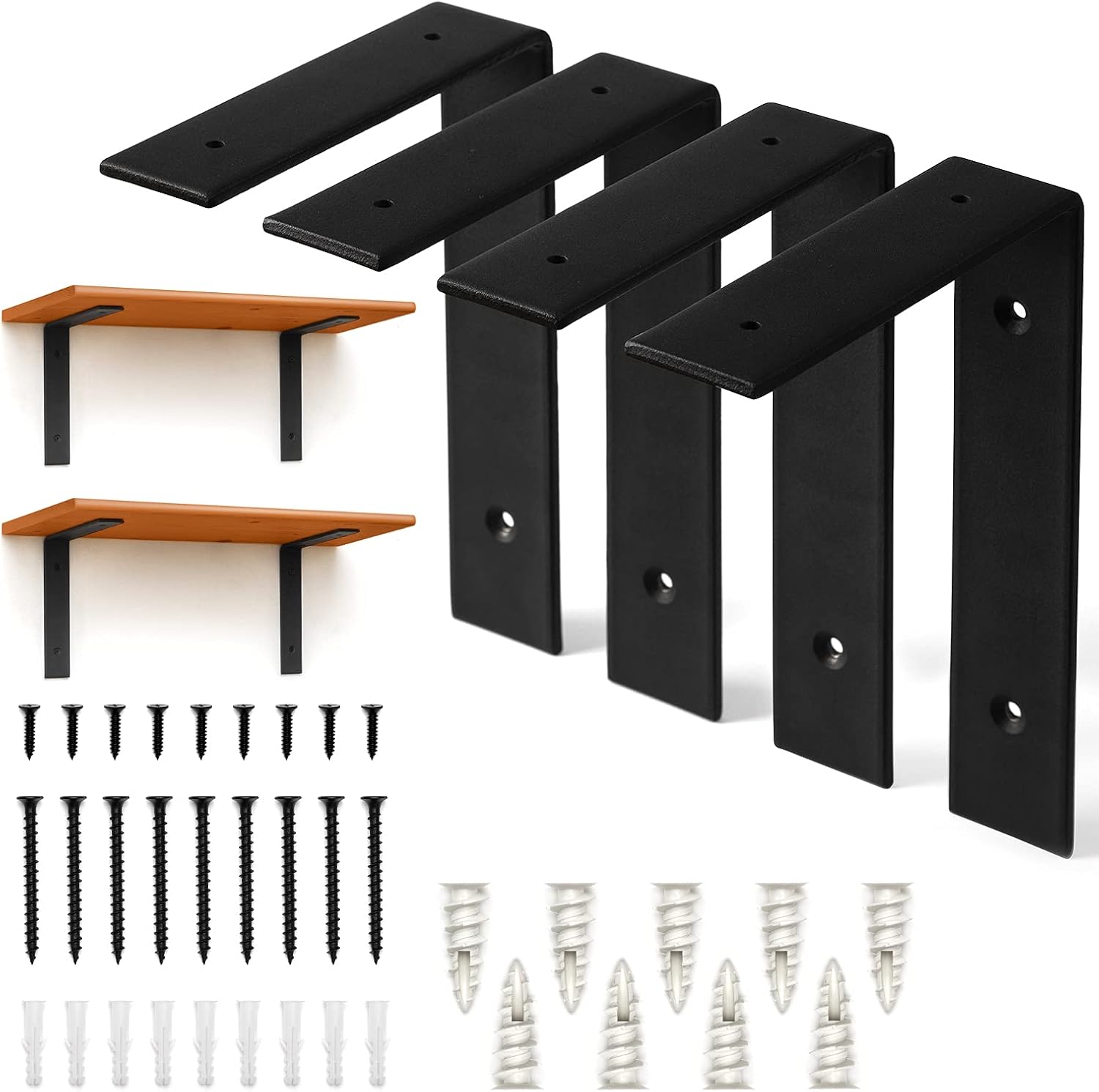 Floating Shelf Hardware Heavy Duty–4 PK black shelf brackets & hardware for wall shelves supports, 6x 8 & 6x 10 inch industrial shelving L bracket for living room &kitchen storage, modern rustic decor: Home Improvement