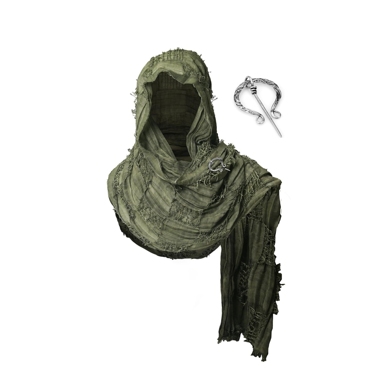 FSUJWOA Medieval Scarf Wrap Cape, Shoulder Scarf Long Scarf with Brooch, Renaissance Hooded Shaw, Shaman Hood (Green)