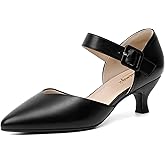RIBONGZ Comfortable Kitten Heels for Women Pointed Closed Toe Ankle Strap Buckle Heels Slip on Low Heel Church Pumps Wedding Bridal Party Dressy Shoes