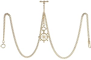 TREEWETO Men's Double Albert Chain Pocket Watch Curb Link Key Chain 3 Hooks with Antique Rudder Pendant Design Charm Fob T Bar