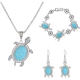 ONLYJUMP Vintage Turtle Necklace Pendant Cute Animal Sea Tortoise Turquoise Earrings Hook Hollow Circle Flower Bracelet for Women Boho Jewelry Set