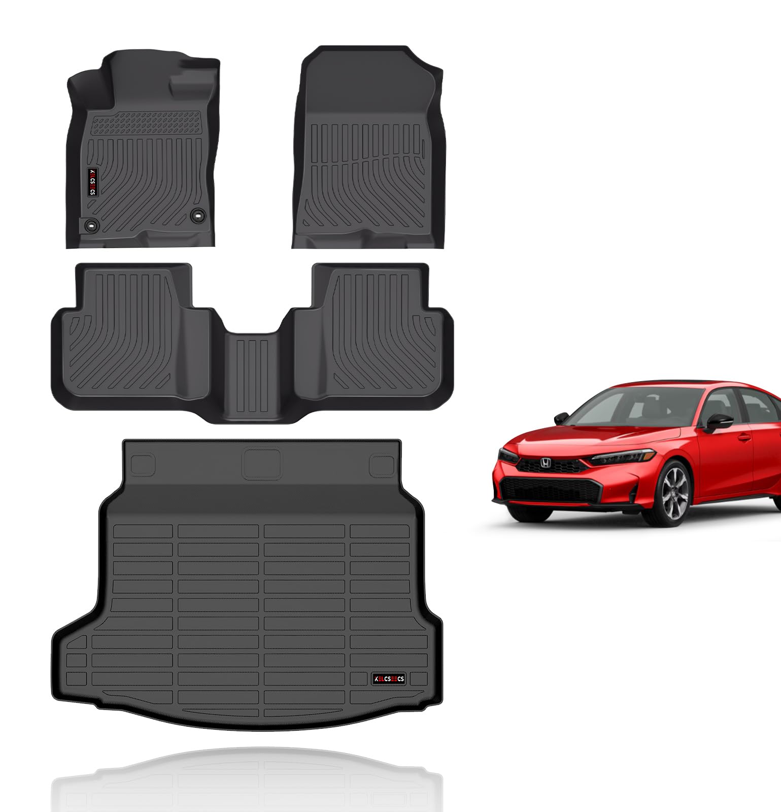 KELCSEECS® All Weather Floor Mats & Cargo Liner(with subwoofer on The Right Side) for 2026 2025 Honda Civic Hatchback Hybrid(Not Sedan) Car Mats Honda Civic Hatchback Hybrid Floor Mats Accessories Image