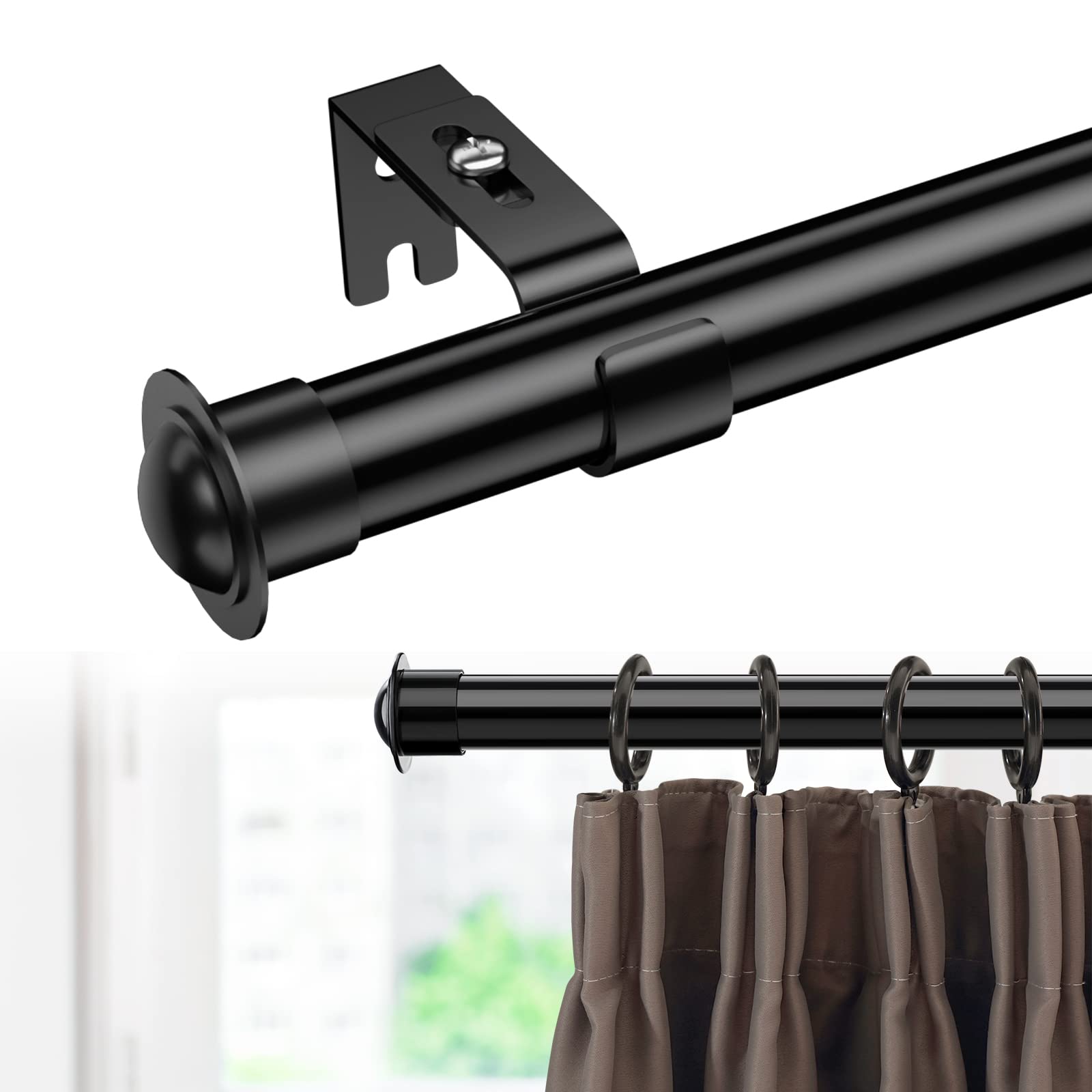 Harrms 28mm curtain poles extendable, black curtain pole 76-225cm, curtain poles metal for eyelet curtains, window curtain rod with brackets fittings set and finials for living room, bedroom