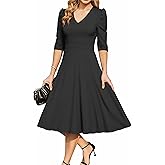 MAKABO Women's 2026 Cocktail Formal Dresses, 3/4 Sleeve V Neck Church Vintage Dress with Pockets for Prom Party