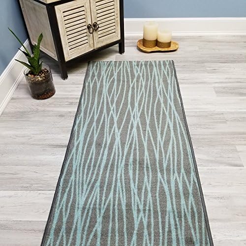 Your Choice Length Grey &amp; Blue Stripes Non-Slip Rubber Backed Carpet Runner Rug | 22-inch x 20-feet