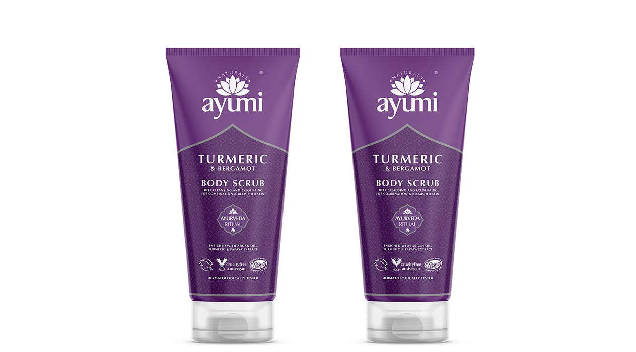 Ayumi Turmeric Body Scrub | Brightening Body Scrub with Papaya Extract | Revitalises Dull & Dehydrated Skin | Hydrating Cleanser with Argan Oil | Scrub for Women & Mens Skincare Rituals |2 x 200 ml
