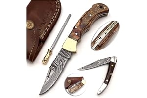 BCK Pocket Knife 4 Pcs Set 6.5" Handmade Damascus Folding Knife Back lock knife Damascus Hunting Knife with Sheath Damascus Pocket Knife for men 100% Prime Quality camping Knife (Brown Wood)