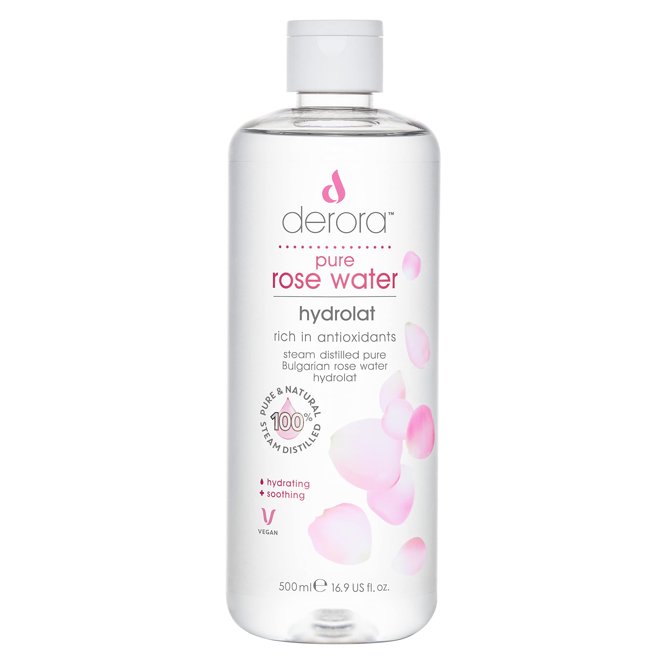 Pure Rose Water by Derora - 100% Pure & Natural Hydrolat Spray | Skincare for Soothing & Hydrating the Skin, Face & Hair | Vegan & Cruelty Free (500ml)